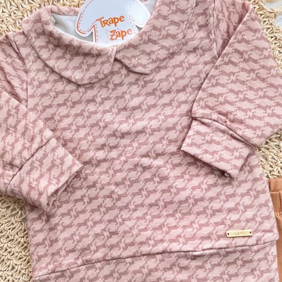 Conj. Blusa Manga Loga com Estampa Pied-de-Poule e Calça Legging - Rose